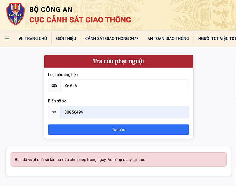 Tra cứu nhanh chóng trên website của Cục Cảnh sát giao thông